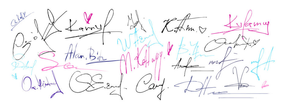 Collection of hand drawn fake signature samples with colorful ink for document design. Blue, pink and black scripted autographs and cursive names. Decorative penmanship examples for business branding.