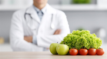 Fototapeta premium Nutritionist standing behind table with fresh vegetables and fruits, concept of healthy eating, wellness and balanced lifestyle.
