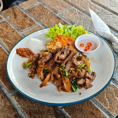 Stir-fried noodles with soy sauce, large noodles, pork and egg, served on a white plate.