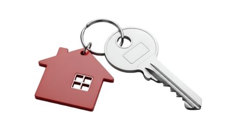 House Key with Red House Keychain on Black Background