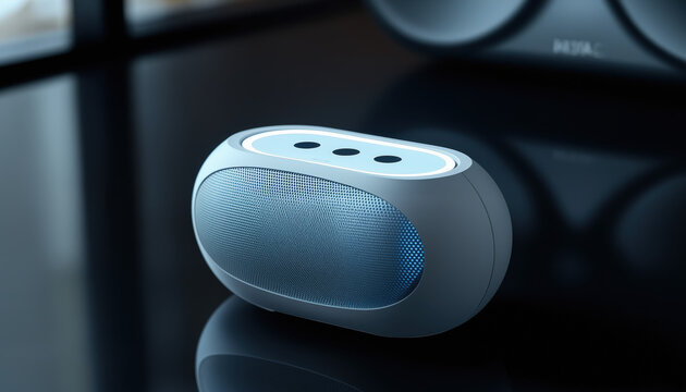 Bluetooth speaker in matte white, its minimalist form pulsing with an internal glow. - Powered by Adobe
