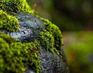 Close-up of Moss on Wet Stone, Rich Green Textures, Shallow Depth of Field