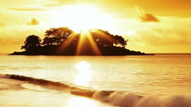 Golden sunbeams burst through a silhouetted island over a calm, reflective sea