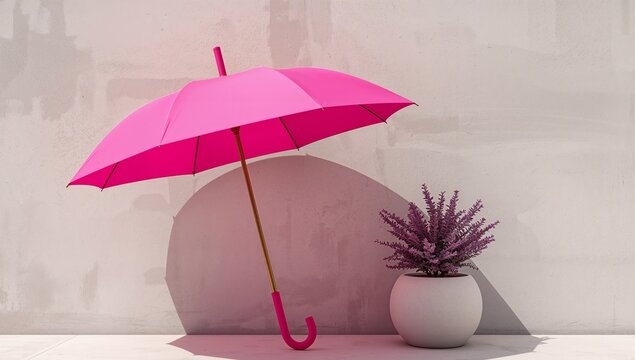 Pink Canopy, Abstract Still Life with Plant Bright, Contrasting Colors on Textured Wall.