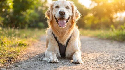 Happy Golden Retriever dog smiling and lying on a dirt path in a park with sunlight filtering through the trees. Perfect for websites/blogs on pets, dogs, veterinary care, adoption, lifestyle