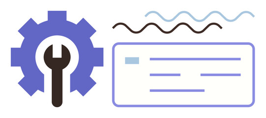 Obraz premium Gear and wrench beside a digital interface with wave lines suggesting system configuration. Ideal for technology, maintenance, problem-solving, IT support, innovation, engineering, simple flat