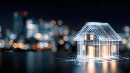 A luminous 3D wireframe house glowing from inside, set against a blurred night-city skyline. Concept Luminous wireframe house, 3D architecture glow, Neon interior glow, Night city blur