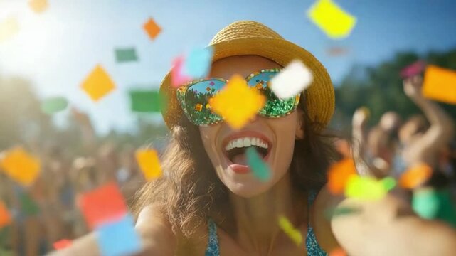 Joyful Celebration: A woman joyfully celebrates at an outdoor festival, surrounded by confetti and a crowd of revelers. Expressing pure happiness and capturing the vibrant energy.