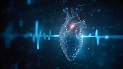 3D holographic heart with an ECG waveform on a blue, futuristic background. Concept 3D holographic heart, ECG waveform, blue futuristic background, digital health visualization