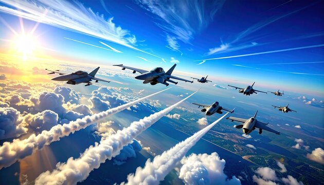 Elite Fighter Jet Squadron Soars Through Dramatic Sunset Sky Leaving Smoke Trails