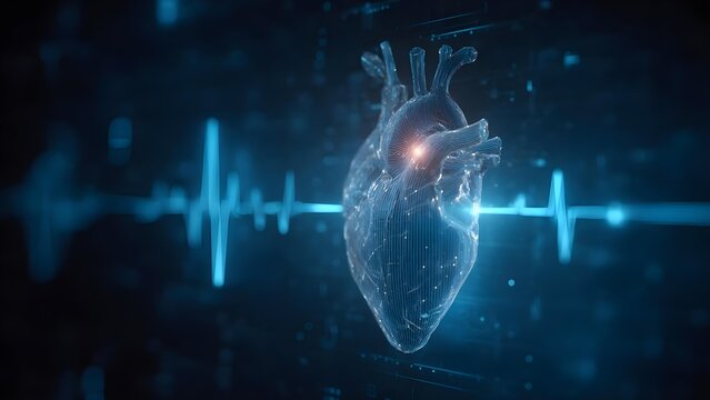 3D holographic heart with an ECG waveform on a blue, futuristic background. Concept 3D holographic heart, ECG waveform, blue futuristic background, digital health visualization