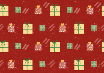 A cute hand drawn Christmas pattern featuring gift boxes in warm festive colors on a red background. This seamless design has a cozy, handcrafted feel, perfect for holiday gift wrapping, greeting card