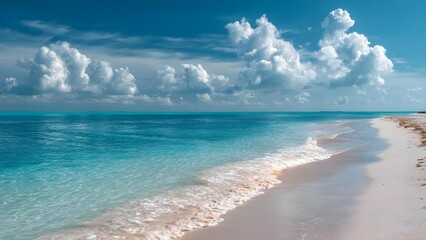 Turquoise ocean meets a white-sand beach under a blue sky dotted with fluffy cumulus clouds. Concept Turquoise ocean, White-sand beach, Blue sky, Cumulus clouds, Tropical coastline
