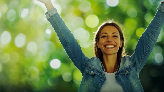 Radiant Joy: A woman expresses pure elation as she basks in sunlight, her arms outstretched in a gesture of freedom and contentment, smiling in a natural setting.