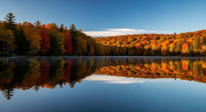 Forest lake reflection at sunrise during vibrant autumn season with colorful foliage on trees and a clear blue sky - Powered by Adobe