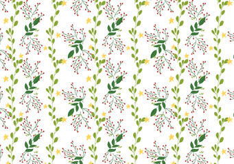 Elegant Christmas Foliage Pattern, Green Leaves and Red Berries Seamless Botanical Design, Hand Drawn Botanical Christmas Pattern