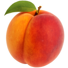 Fresh ripe peach with stem and leaf, realistic texture, isolated on transparent background