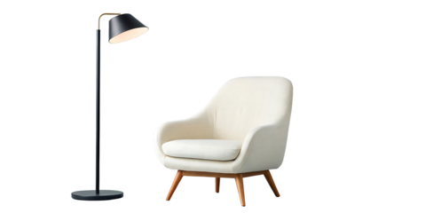 Modern Interior Design featuring Cream Armchair and Sleek Black Floor Lamp on a Black Background