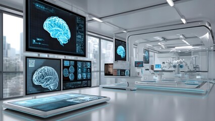 A futuristic medical lab with blue brain scans on multiple screens and advanced imaging equipment. Concept Futuristic medical lab, Blue brain scans on screens, Advanced imaging equipment