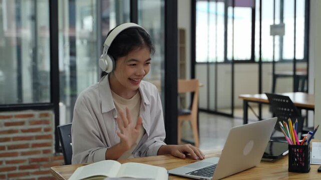 Engaging online learning session home office video conference modern close-up student interaction