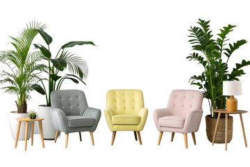 Fototapeta premium Stylish Interior Design with Pastel Armchairs and Lush Greenery Modern Living Room Arrangement
