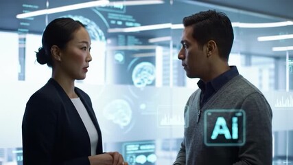 Business professionals discuss advanced AI concepts in a modern office featuring holographic displays - Powered by Adobe
