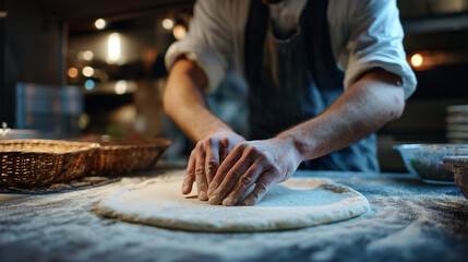 A chef preparing pizza dough on a floured surface in a restaurant kitchen setting