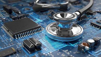 Stethoscope resting on a blue computer motherboard, blending medicine with electronics. Concept Medical Technology, Biomedical Engineering, Healthcare Tech, Digital Health, Medicine and Electronics
