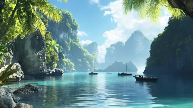 A serene tropical bay with lush green cliffs, clear turquoise water, and boats