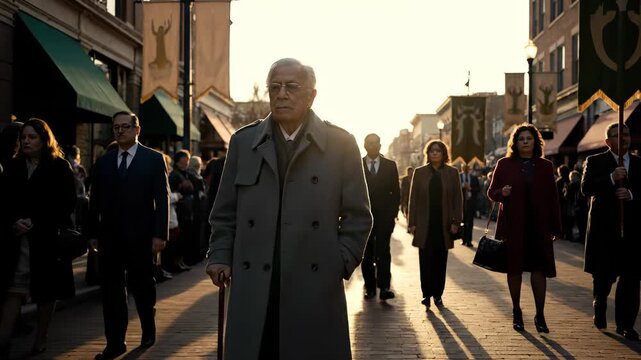 Walking man leads crowd down street. Elderly man uses cane as others follow. Group wears coat and suit while walking. Banners line sidewalk along procession. Sunlight casts long shadow on pavement.