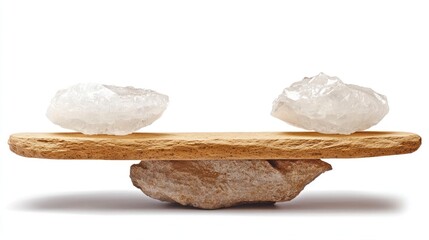 Clear natural crystals balanced on a rustic wooden plank, supported by a rough stone against a pure white background, symbolizing natural equilibrium and purity.