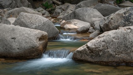 Cascade Among Boulders, a Serene Symphony of Stone and Water in Natures Embrace.