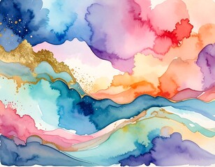 Obraz premium Abstract watercolor painting displaying colorful clouds and mountains with gold accents