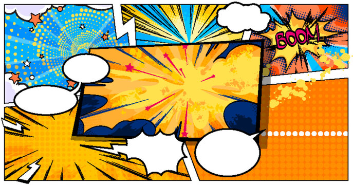 Explosive superhero action with comic speech bubbles and cloud bursts for dynamic storytelling. Boom text with halftone dots and stars on orange backgrounds. Retro pop art frames for manga layouts.