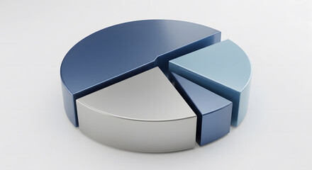 The blue, gray, and silver 3D pie chart represents data analysis, budget breakdown, and year-end financial insights
