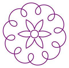 Whimsical flower mandala, playful purple geometric abstract circle with curling loop outlines, modern symmetrical line art for decor, meditation, coloring, tattoo, invitations, branding, backgrounds
