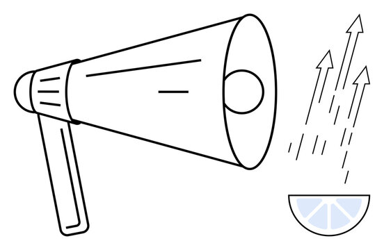 Megaphone projecting dynamic lines toward lemon slice sparks. Ideal for communication, marketing, advocacy, bold ideas, creativity, innovation, motivation. Simple flat metaphor