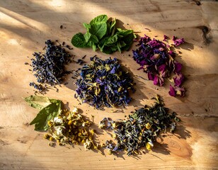 Flat Lay of Herbal Tea Ingredients with Dried Flowers and Leaves