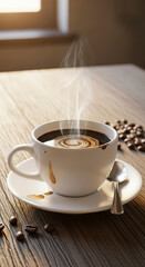 Steaming coffee cup on rustic table.