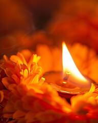 Illuminating diya amid marigold blooms, celebrating the spirit of festive traditions