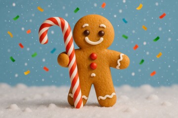 3D gingerbread man holding candy cane in snowy scene with confetti
