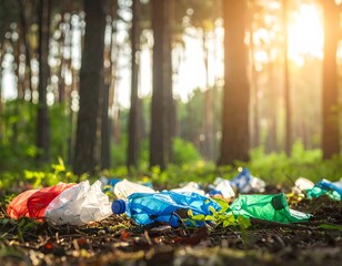 Forest Floor Covered with Plastic Bags, Contrast of Nature vs Waste