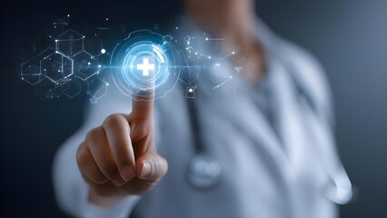 A medical professional taps a futuristic holographic medical interface featuring a glowing blue cross. Concept Futuristic hospital tech, Holographic medical interface, Glowing blue cross