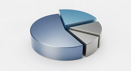 The blue, gray, and silver 3D pie chart represents data analysis, budget breakdown, and year-end financial insights