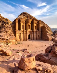 Ancient temple carved into sandstone cliff faces, bathed in sunlight
