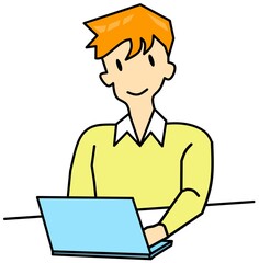 Smiling Male Character Working on Laptop at Desk