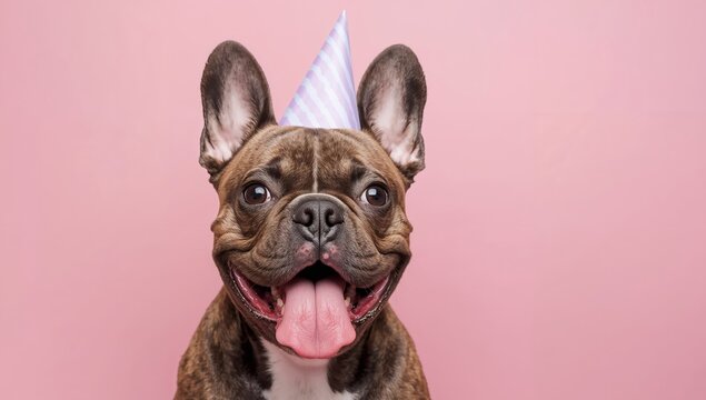 Festive Fido. A Brindle Bulldogs Cheerful Celebration with Party Hat Portrait