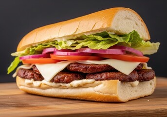 Classic Sub Sandwich with Sliced Sausage, Cheese, Fresh Vegetables, and Mayonnaise