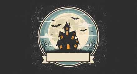 Vintage Halloween Badge Vector – Haunted House, Full Moon, Bats, and Blank Ribbon Label