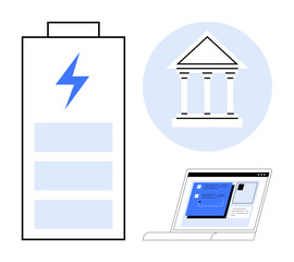 Battery with lightning bolt, government building icon, and a laptop screen symbolize energy, governance, and digital communication. Ideal for innovation, sustainability, technology, power management